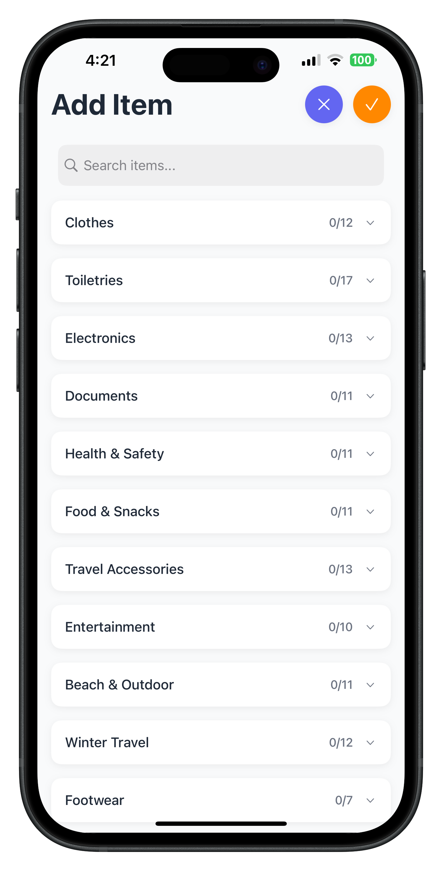 Adding items from pre-organized categories