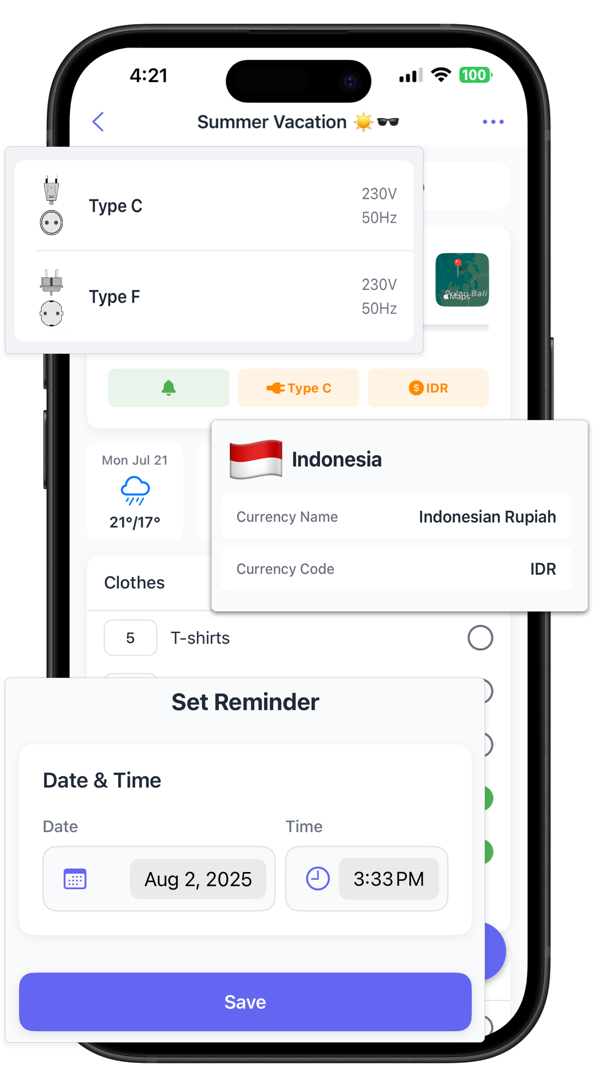 Currency, plugs, and travel reminders